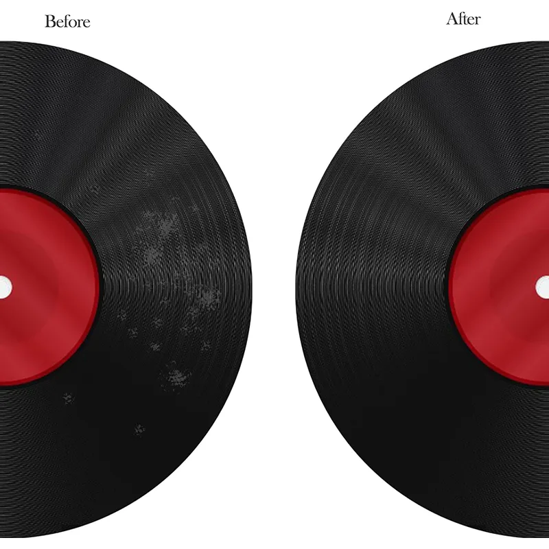 Side by side comparison of a dusty record surface and the same surface after a pass with the velvet brush