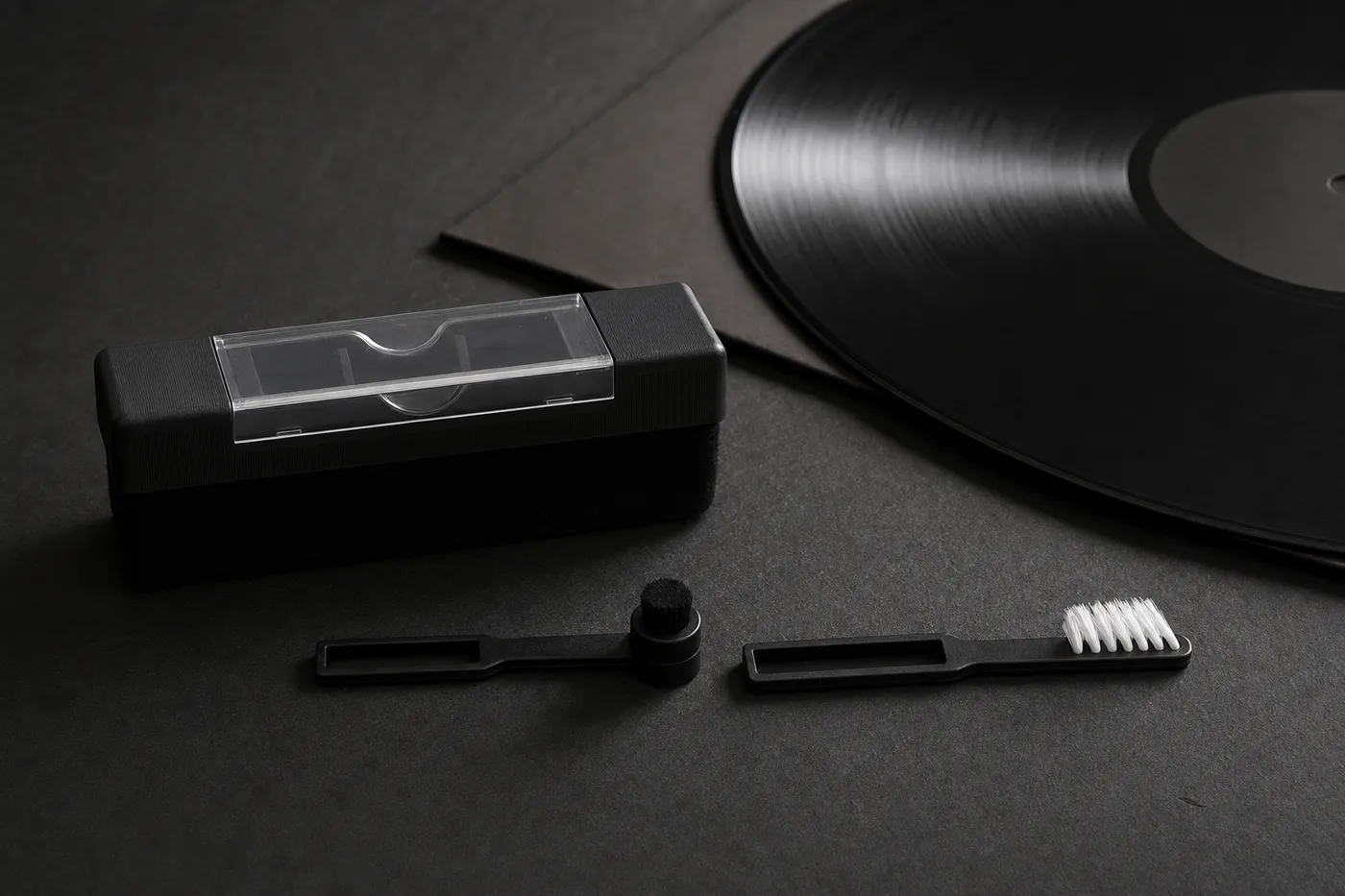 A record on a turntable platter in a home listening room, lit from the side