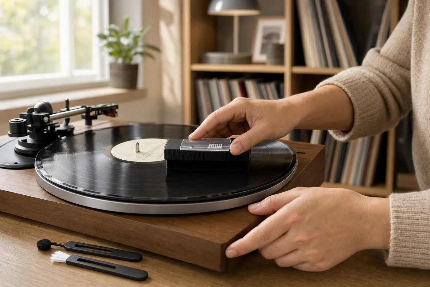 A record shelf and turntable in a domestic room away from direct sunlight